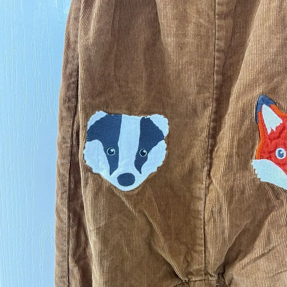 Baby Boden Badger Fox Applique Brown Corduroy Dungaree Overalls SZ 18-24 Months